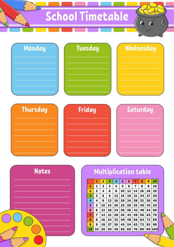 orario scolastico con tabelline. per l'educazione dei bambini. Isolato su uno sfondo bianco. con un simpatico personaggio dei cartoni animati. vettore