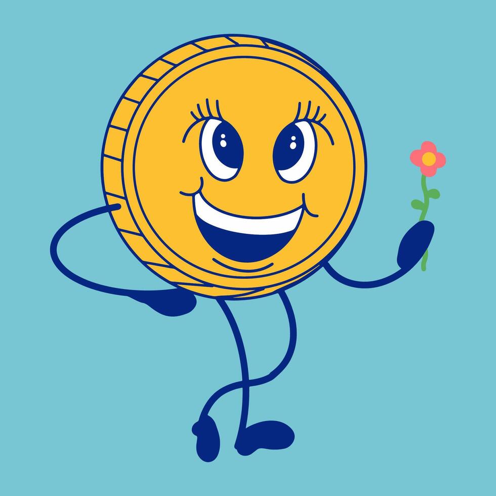 cartone animato personaggio di un' oro moneta con un' fiore vettore