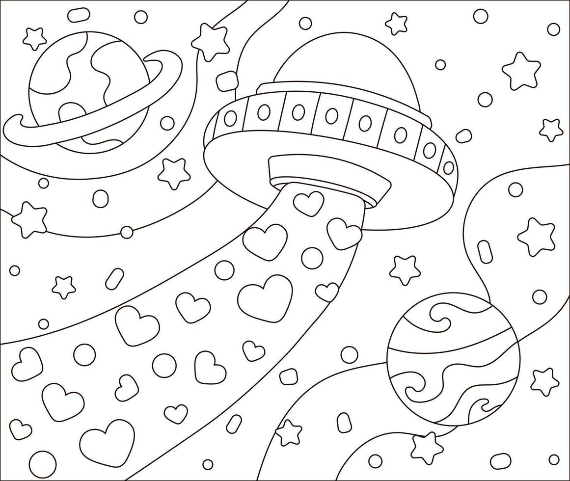 spazio amore a tema colorazione pagina per bambini con carino navicella spaziale con cuore forme vettore