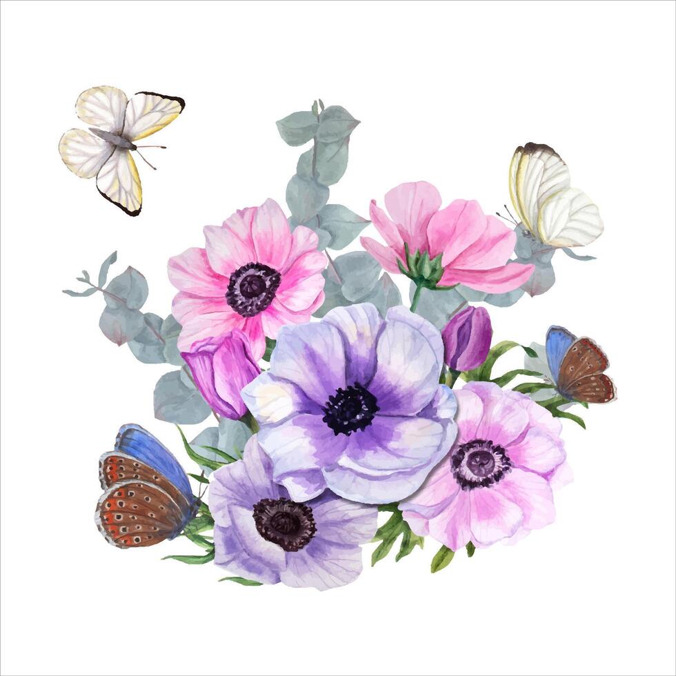 mazzo di anemoni, eucalipto e farfalle. primavera fiori. acquerello illustrazione. vettore