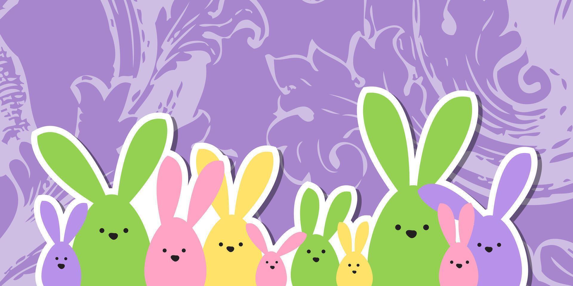 saluto Pasqua carta, colorato Pasqua coniglietto famiglia su storico floreale sfondo vettore