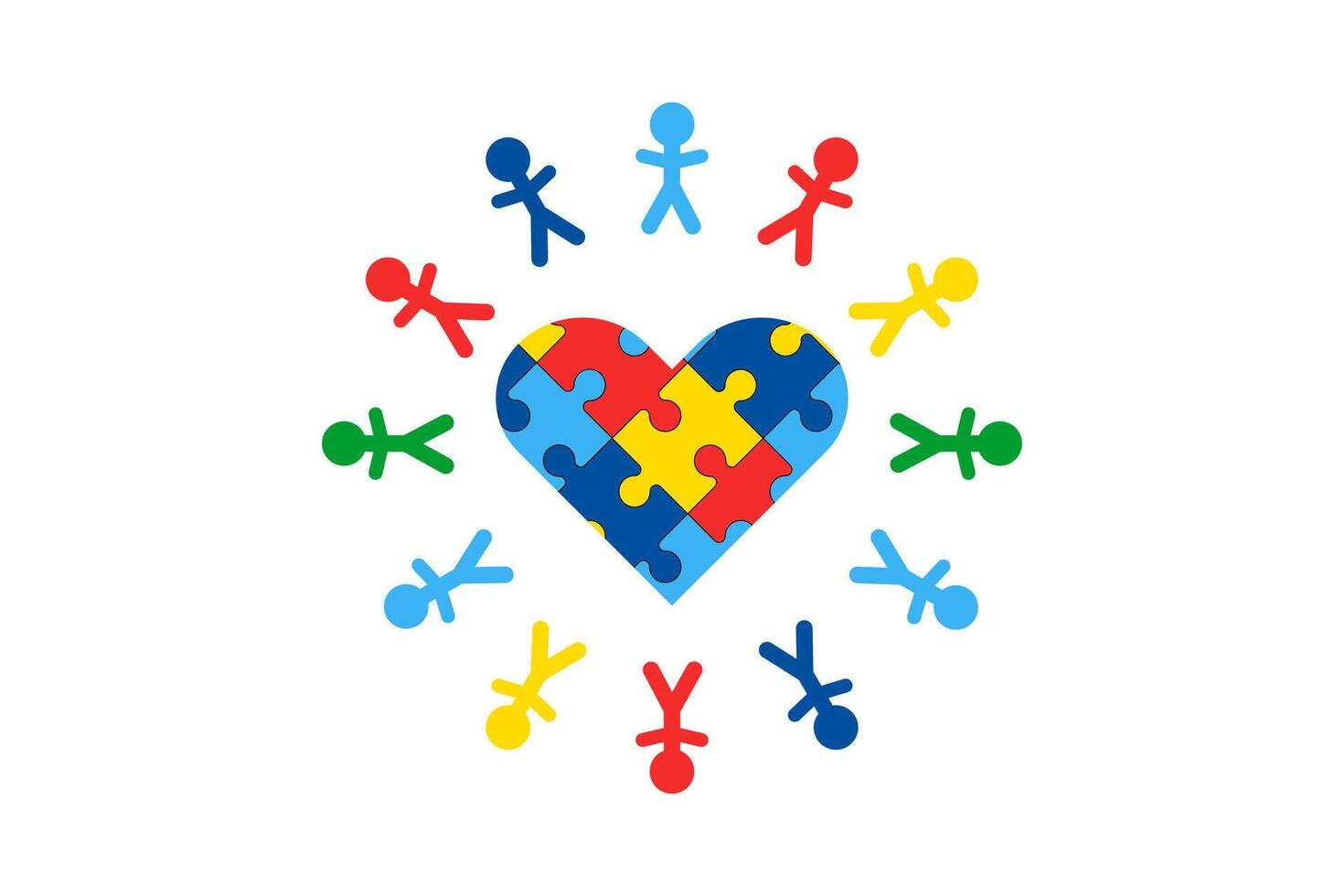 mondo autismo consapevolezza giorno vettore striscione. puzzle cuore e persone intorno a, colore sagome le persone. design elemento per carta, confine, striscioni, manifesti, stampato prodotti, carte, volantini, modelli, copertina