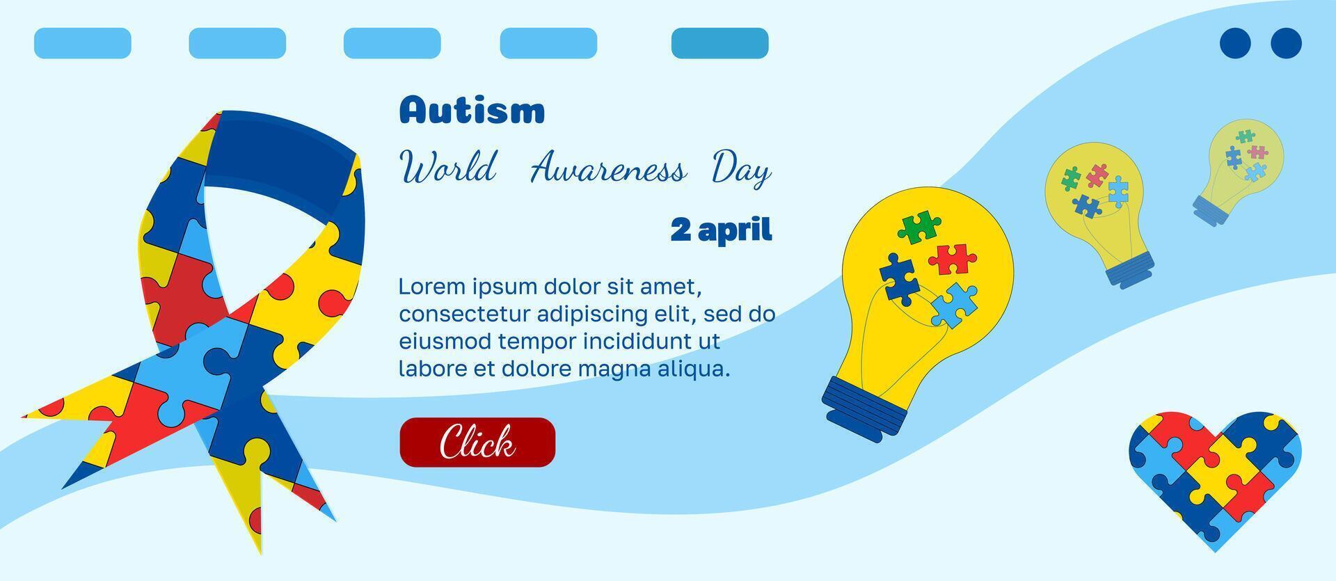 orizzontale confine mondo autismo consapevolezza giorno. vettore bandiera con puzzle cuore, nastro e leggero lampadina. telaio per tema di autismo, Salute, sostegno. design per siti web, Stampa, cartoline, copertine, manifesto.