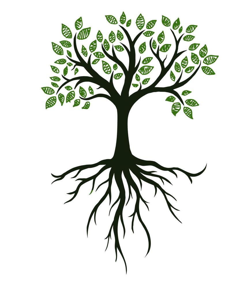 albero simbolo con radici, vero mano disegno, vettore illustrazione