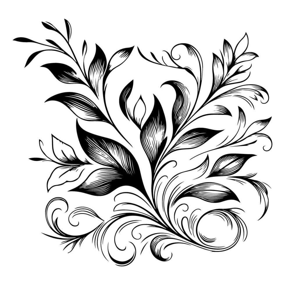 ai generato mano disegnare di bellissimo floreale ornamento con le foglie e astratto nero Linee monocromatico contorno fiore. floreale design elemento vettore
