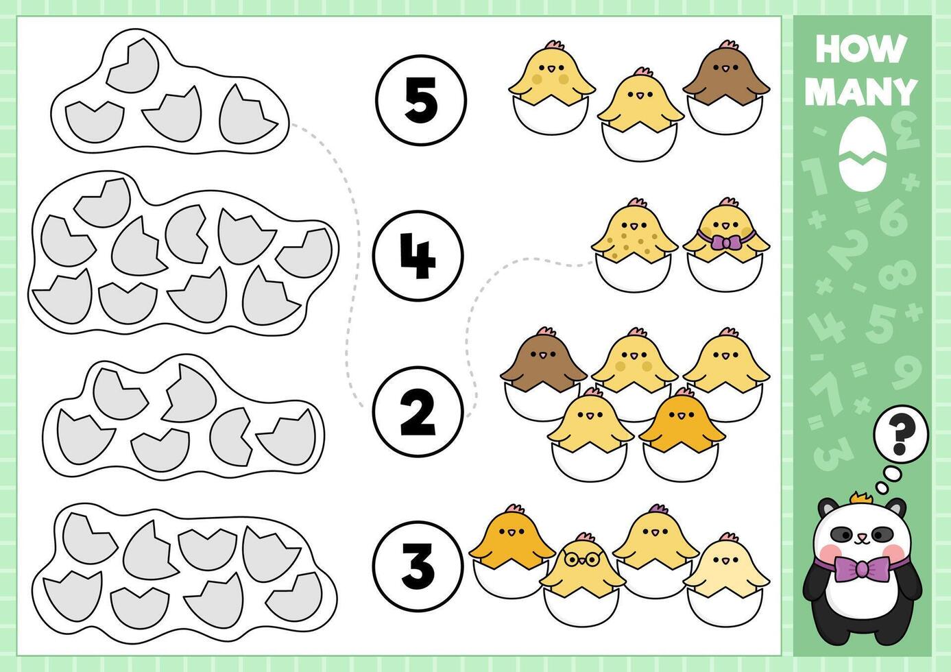 Pasqua accoppiamento gioco con carino kawaii tratteggio pulcini e uovo conchiglie. primavera vacanza matematica attività per prescolastico bambini. educativo stampabile conteggio foglio di lavoro con cartone animato pollo uccelli vettore