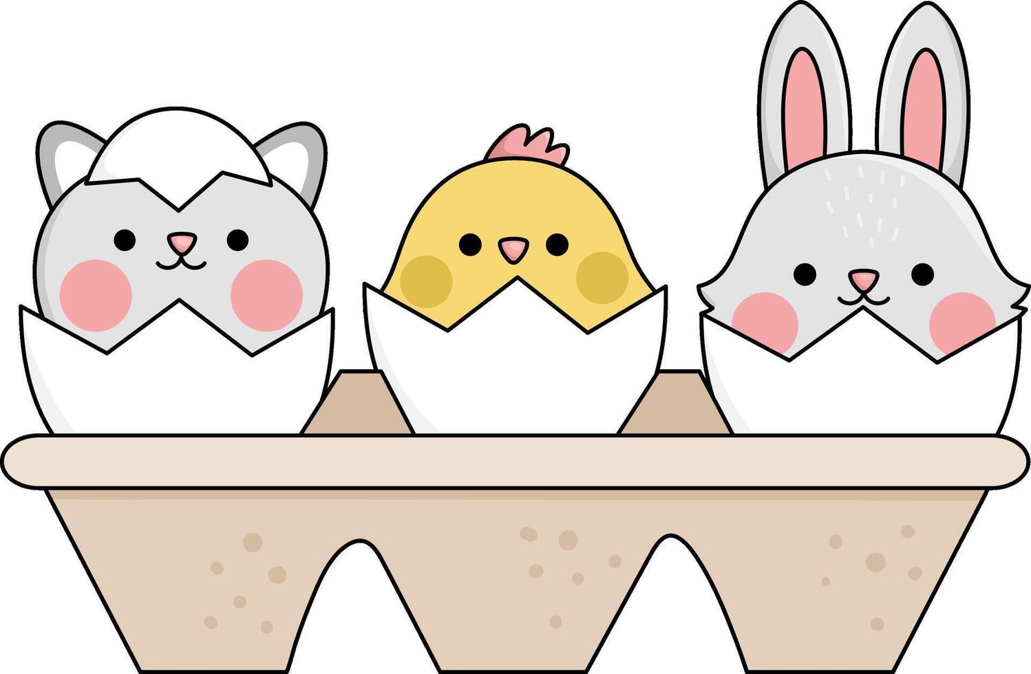 vettore confezione con uova e tratteggio kawaii animali. Pasqua illustrazione con carino gatto, pulcino e coniglietto seduta nel guscio. carino primavera icona per bambini