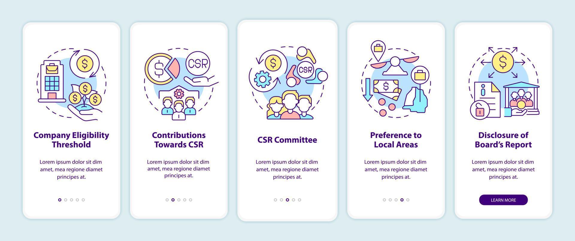 Schermata della pagina dell'app mobile onboarding nozioni di base di csr. procedura dettagliata di responsabilità sociale d'impresa 5 passaggi istruzioni grafiche con concetti. ui, ux, gui modello vettoriale con illustrazioni a colori lineari