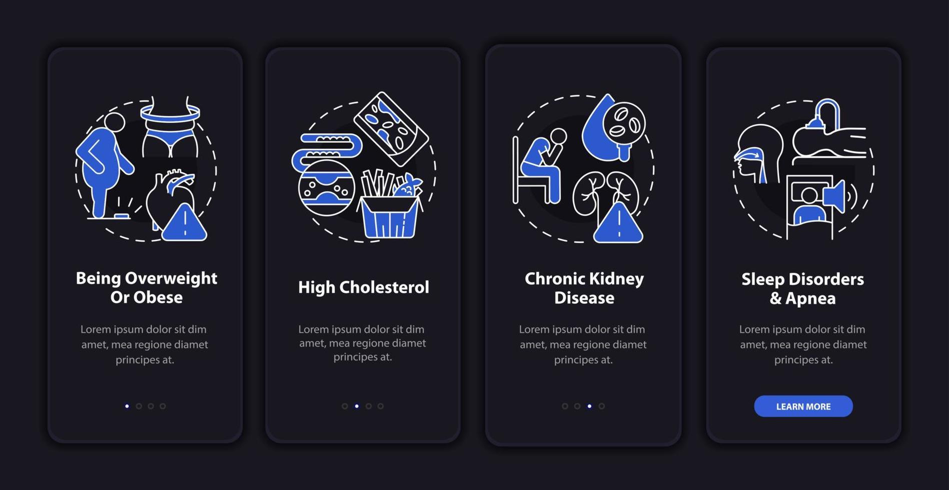 l'ipertensione provoca l'onboarding della schermata della pagina dell'app mobile. essere obesi procedura dettagliata 4 passaggi istruzioni grafiche con concetti. ui, ux, gui modello vettoriale con illustrazioni in modalità notturna lineare