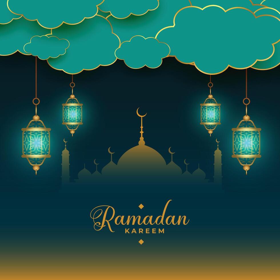 tradizionale islamico Ramadan kareem carta design con sospeso lanterne vettore