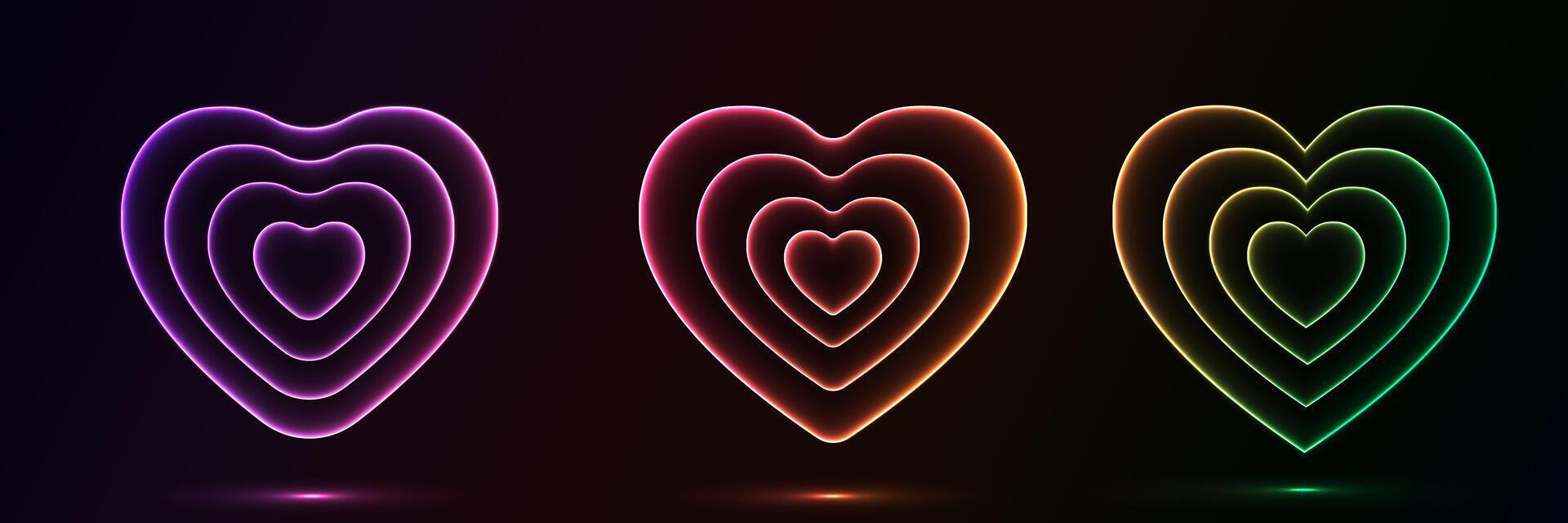 impostato di raggiante neon colore cuore forma con ondulato dinamico Linee su nero sfondo tecnologia concetto. amore leggero telaio confine per distintivi, prezzo etichetta, etichetta carte, logo disegno, san valentino giorno. vettore