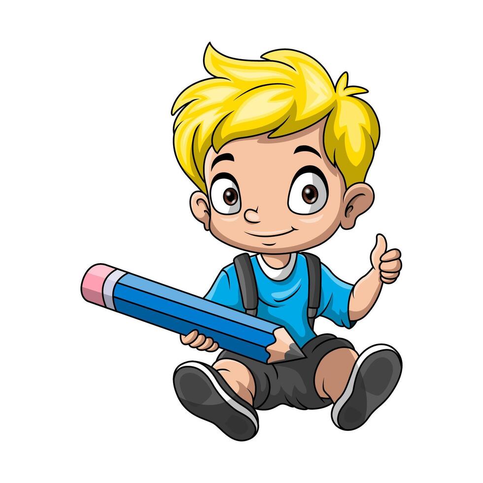 contento scuola ragazzo cartone animato con grande matita vettore