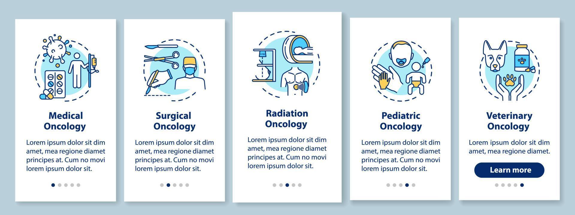 schermata della pagina dell'app mobile onboarding oncology con concetti. procedura dettagliata di trattamento del cancro cinque istruzioni grafiche di passaggi. oncologia medica e chirurgica. modello vettoriale dell'interfaccia utente con illustrazioni a colori rgb