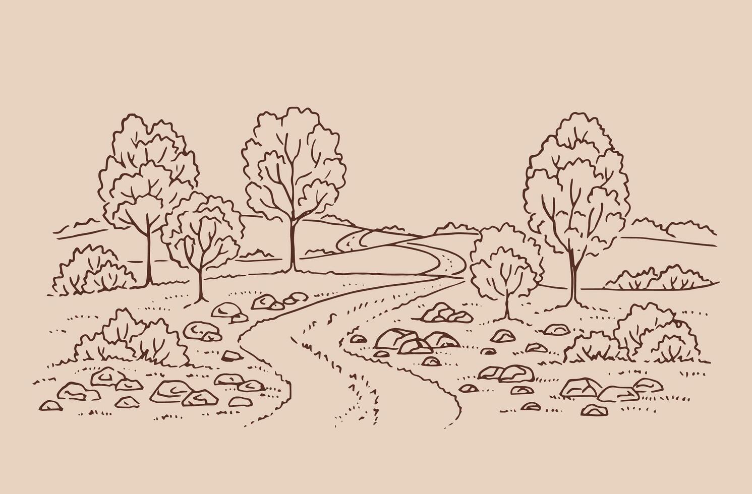 paesaggio rurale con strada e albero. illustrazione disegnata a mano convertita in vettore. vettore