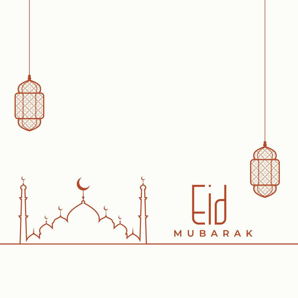 linea stile eid mubarak auguri sfondo con islamico moschea e lampada vettore