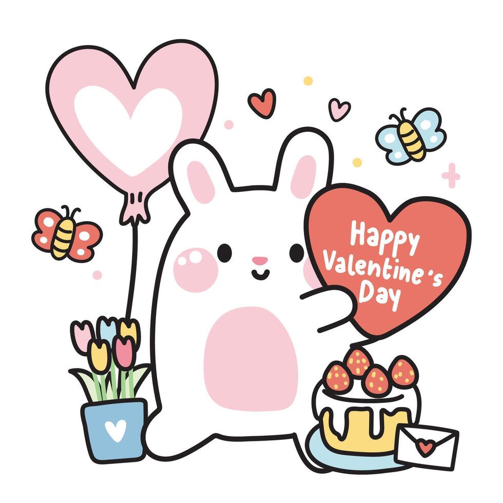 san valentino giorno.carino coniglio hold cuore con fiore torta e Palloncino su bianca sfondo.roditore animale.cartone animato personaggio design.amore.kawaii.vettore.illustrazione. vettore