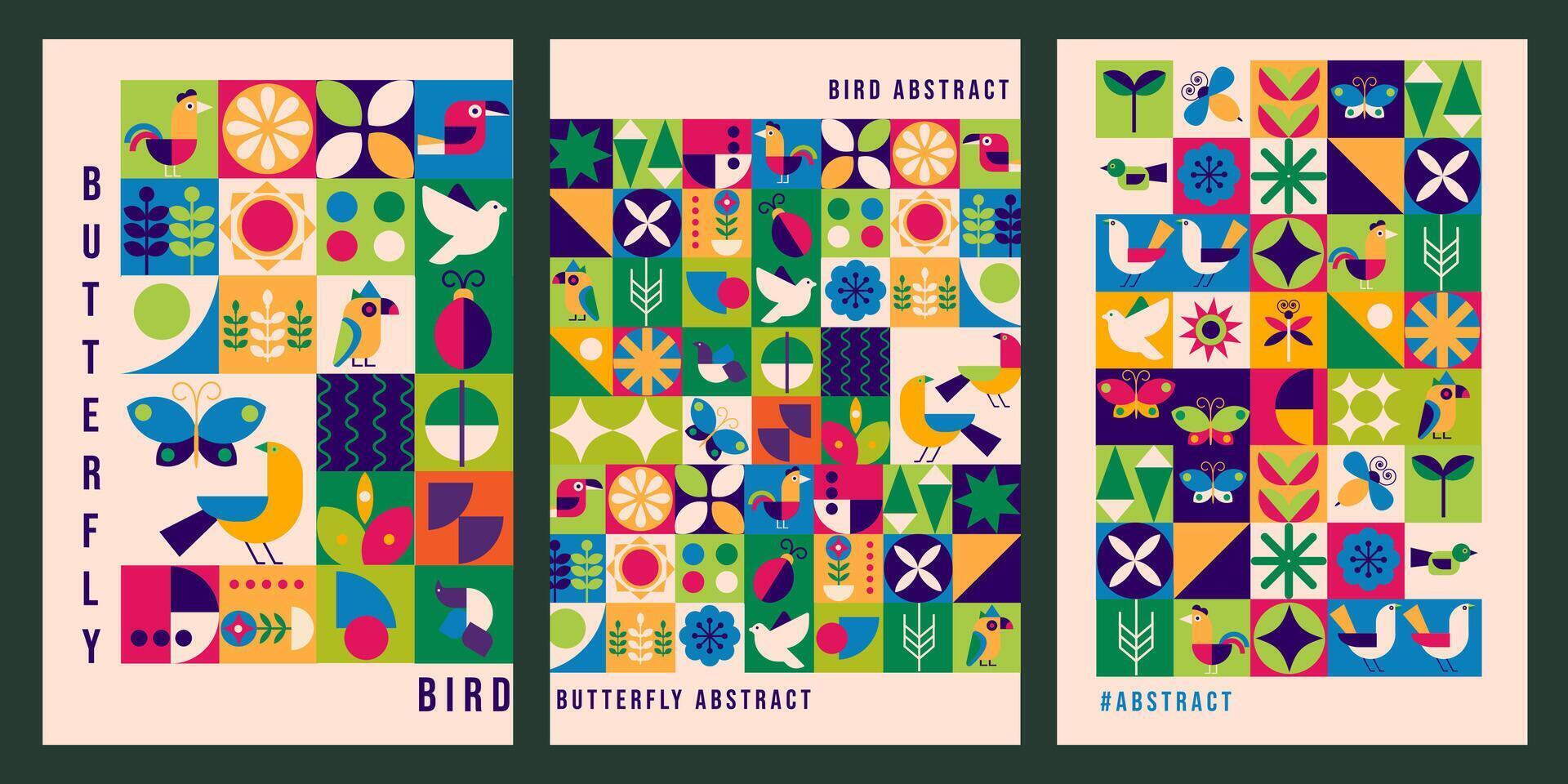 geometrico moderno manifesto. astratto uccelli farfalle nel piatto minimalista stile. bauhaus. vettore