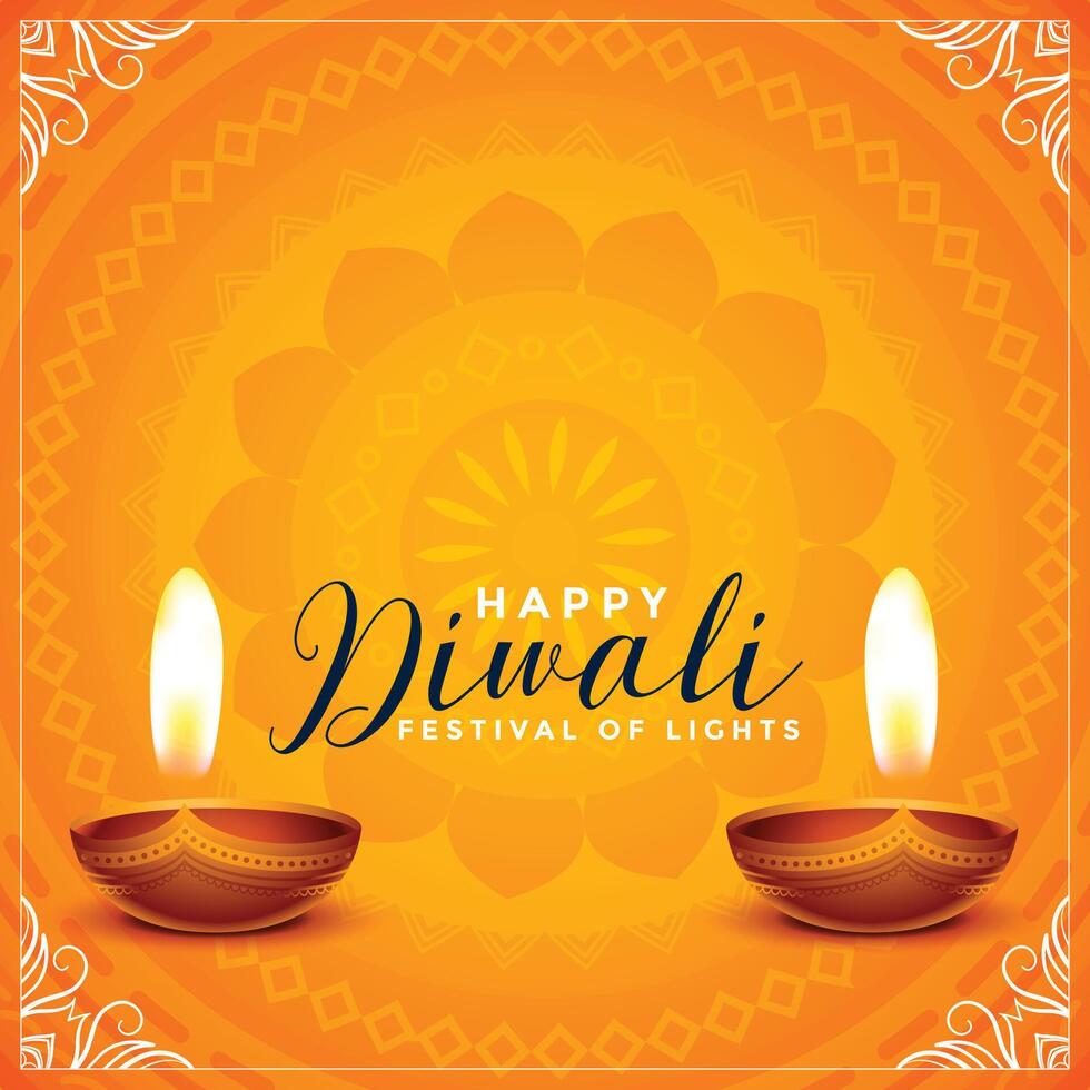 contento Diwali arancia sfondo con realistico diya design vettore