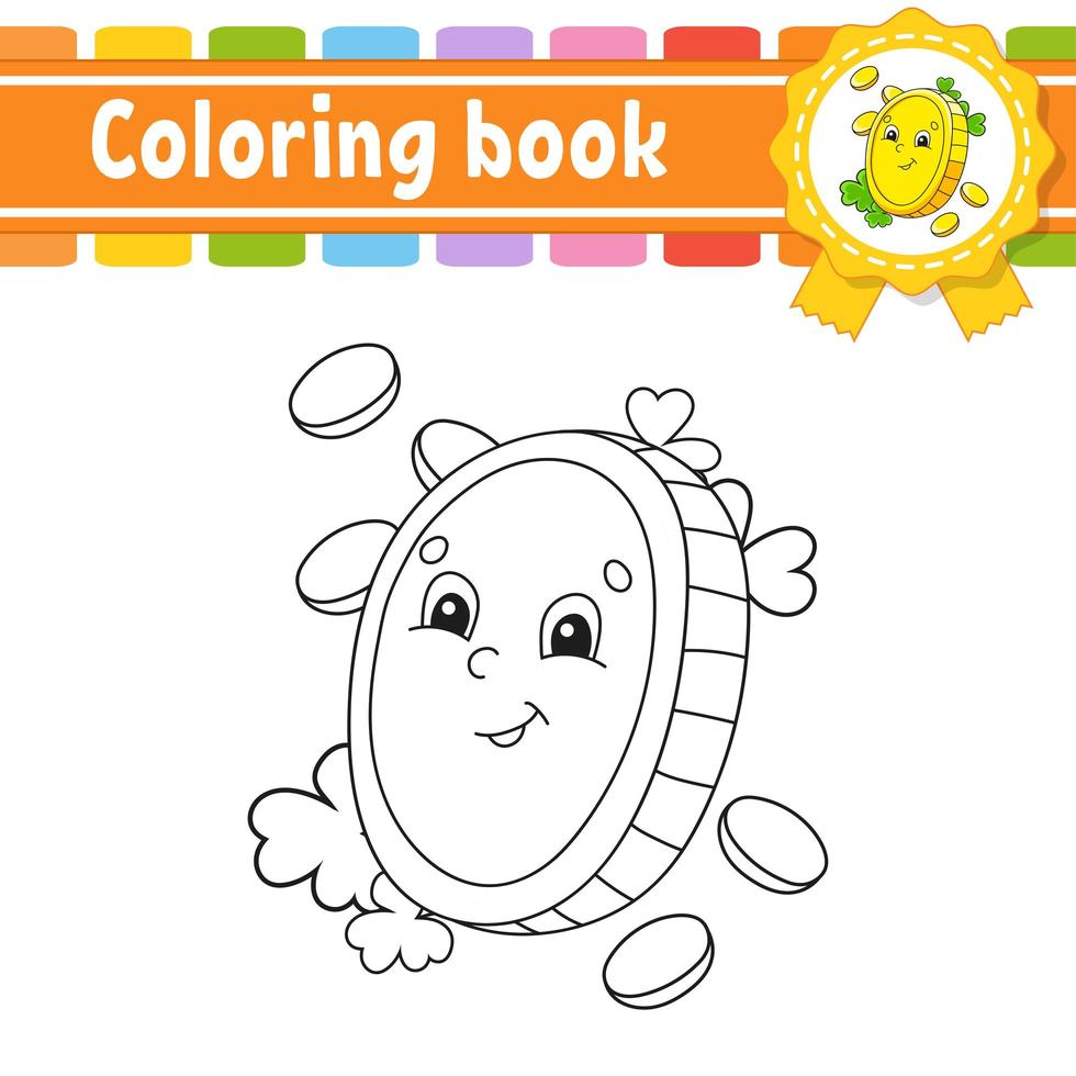 libro da colorare per bambini. moneta d'oro. carattere allegro. illustrazione vettoriale. stile cartone animato carino. sagoma di contorno nero. isolato su sfondo bianco. ns. giorno di patrizio. vettore