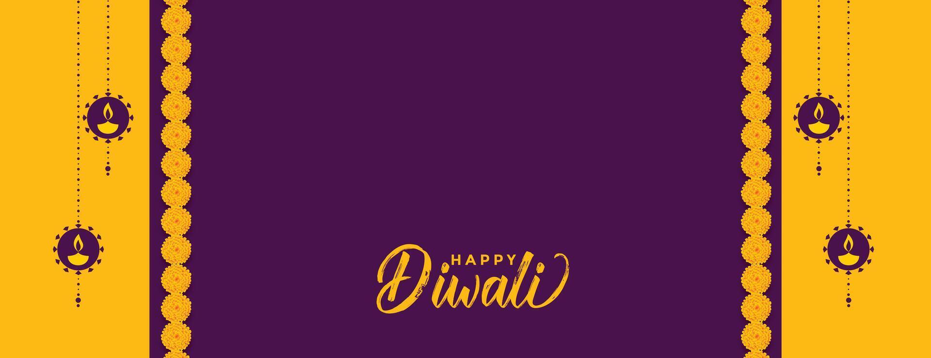 contento Diwali decorativo giallo viola bandiera con testo spazio vettore