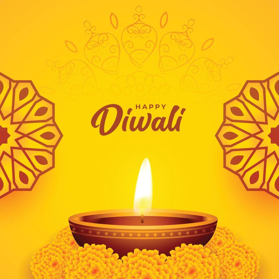 giallo Diwali carta con diya e calendula fiori decorazione vettore