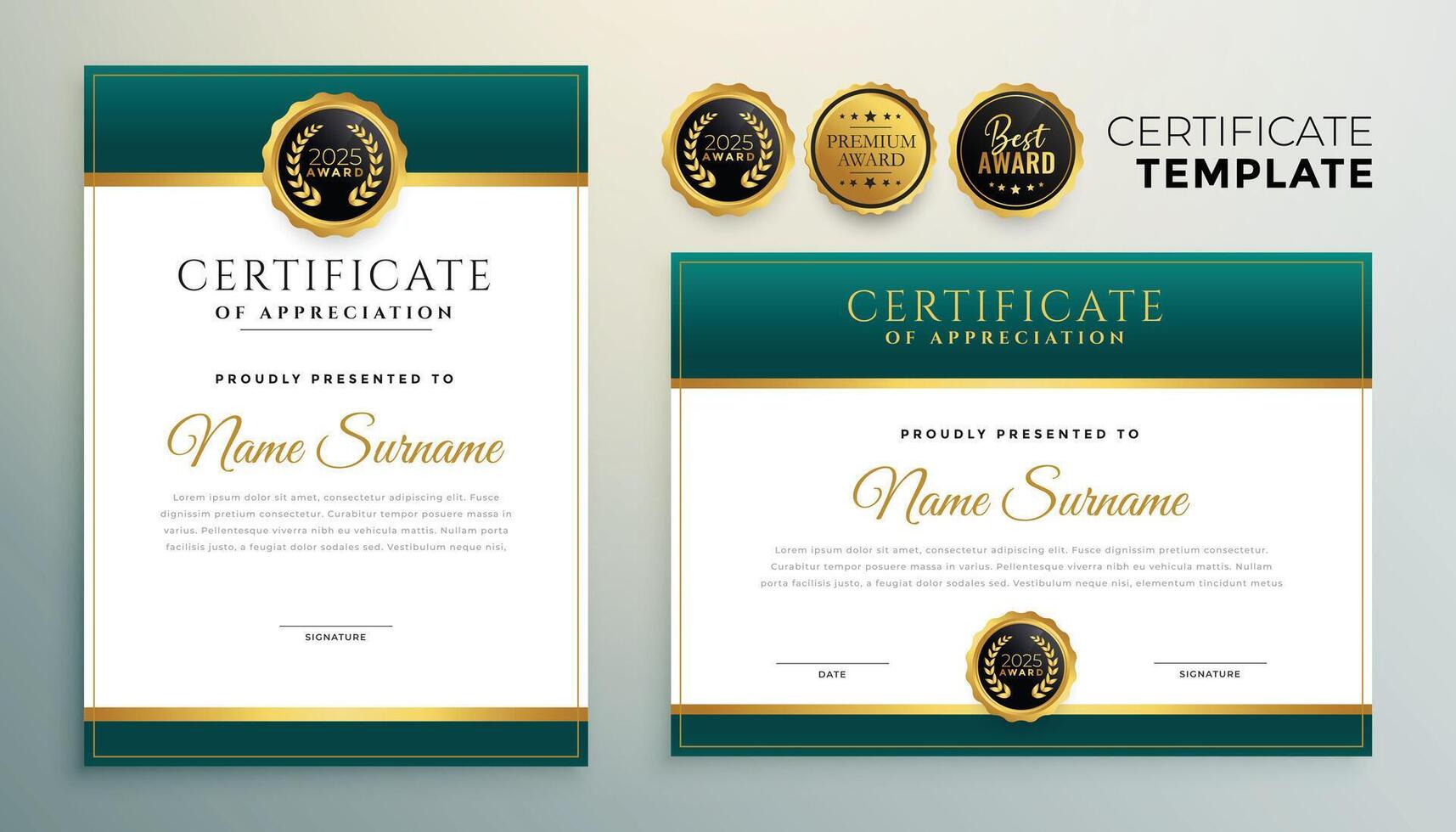 moderno verde e oro certificato modello design vettore