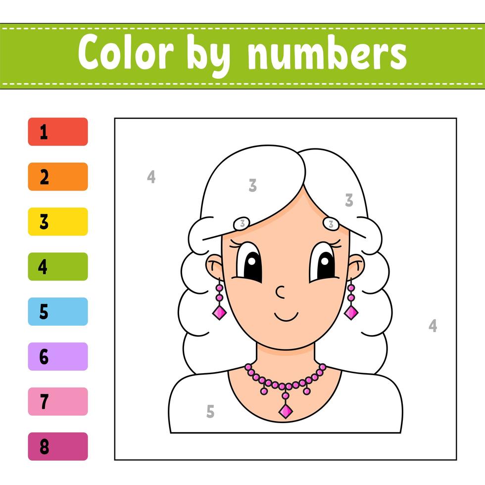 colore con i numeri. bella ragazza con i capelli ricci sta sorridendo. scheda attività. gioco per bambini. personaggio dei cartoni animati. illustrazione vettoriale. vettore