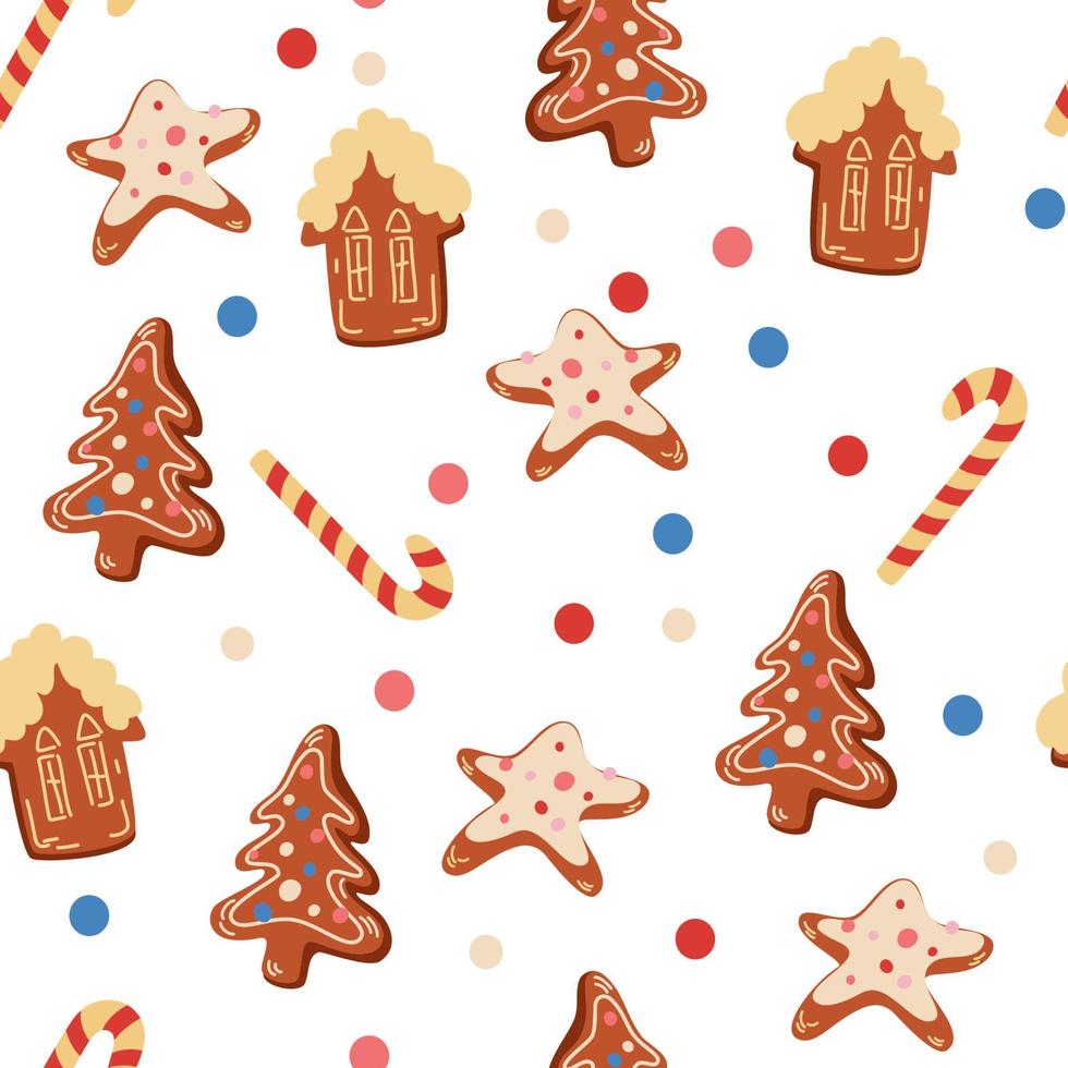 Reticolo senza giunte dei biscotti di Natale. biscotti allo zenzero. modello di capodanno per il design su un tema natalizio. vettore vacanze invernali stampa per tessile, carta da parati, tessuto.