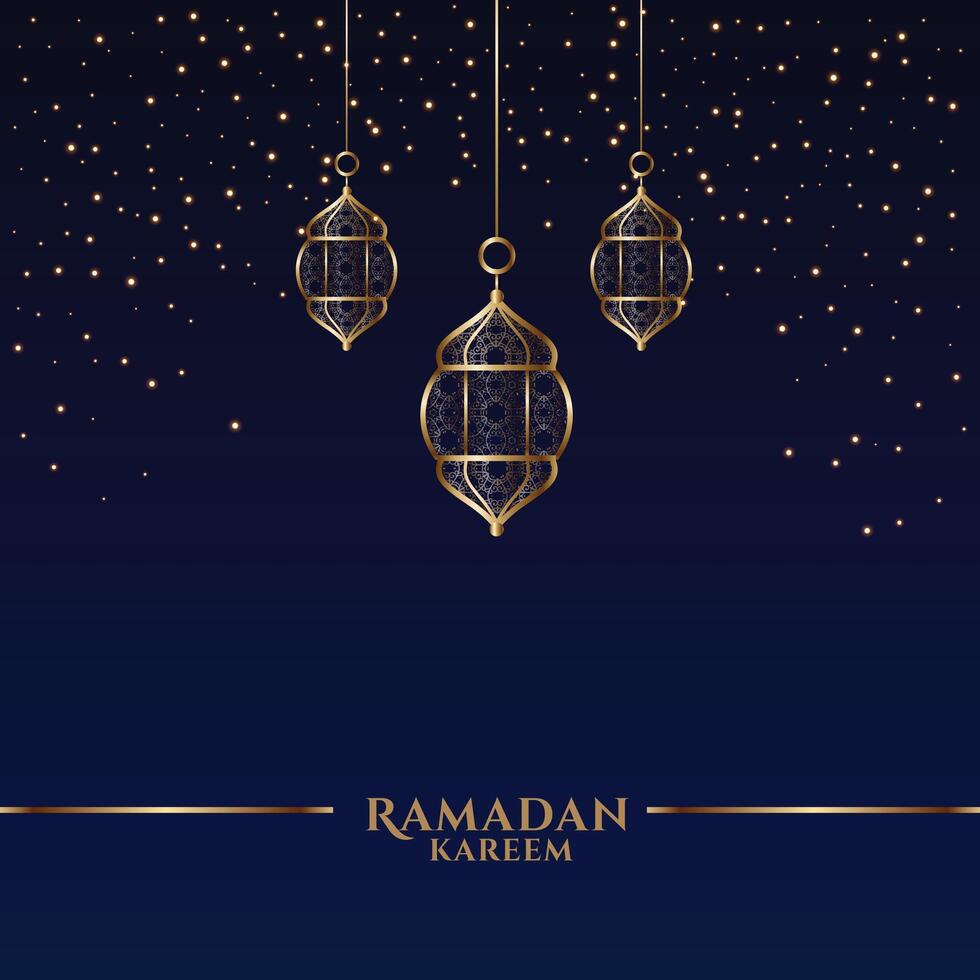 Ramadan kareem carta con islamico sospeso lanterne vettore