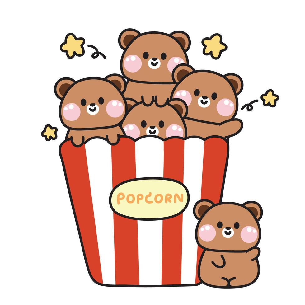 carino orso Popcorn con stella cartoon.selvaggio animale personaggio design.teddy.movie.food e spuntino.immagine per ragazzo prodotto,adesivo,carta,decorazione.art.kawaii.vettore.illustrazione. vettore