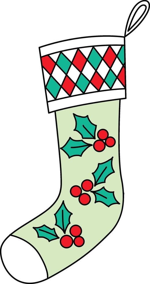 disegnato a mano cartoni animati decorato Natale temi, come come calza riempitivi. cartoni animati depict calze autoreggenti per Santa claus, pieno con i regali. il calze autoreggenti appendere agrifoglio, caramella canne, e fiocchi di neve. vettore