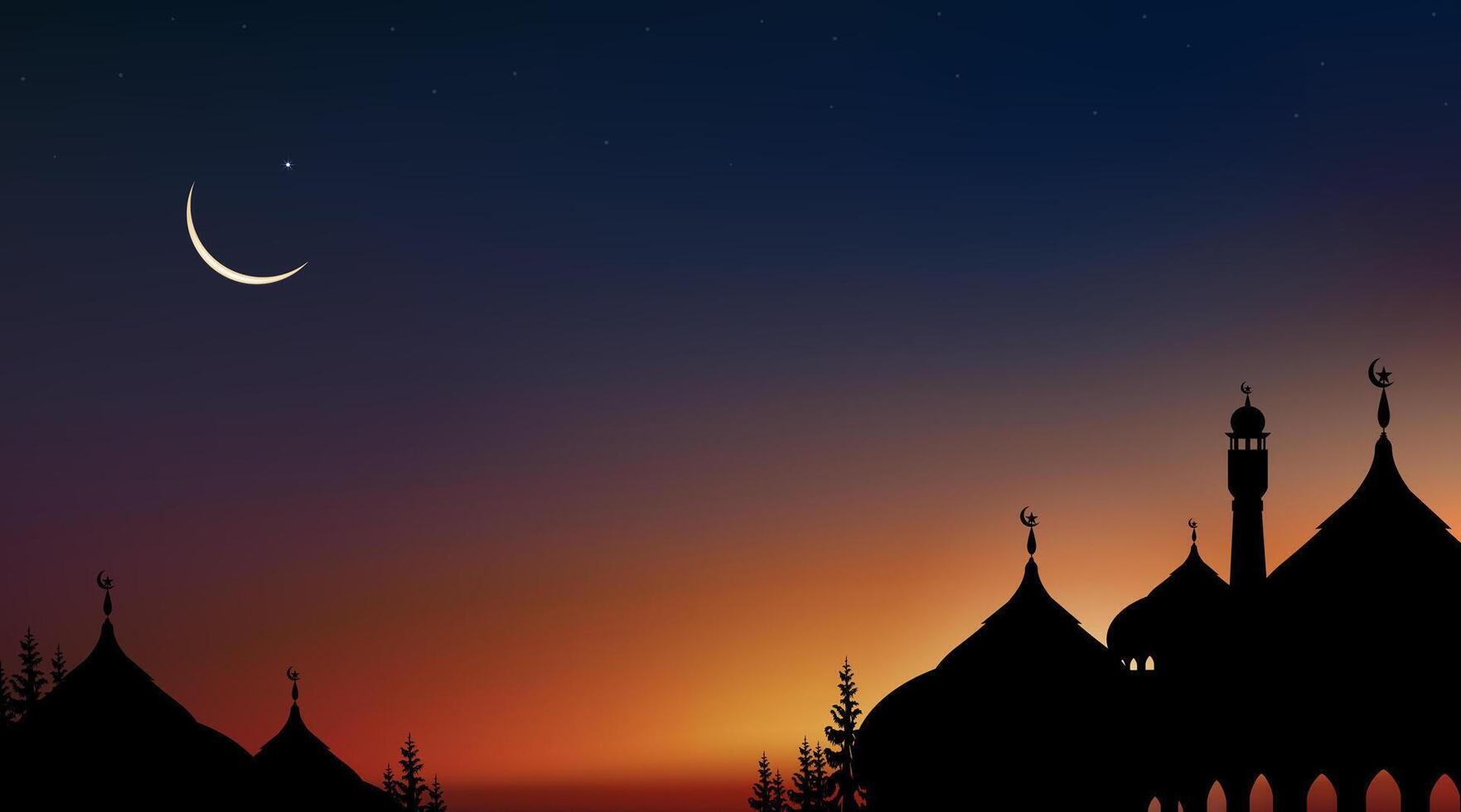 islamico sfondo, cupola moschee, mezzaluna luna, stellato su buio blu cielo sfondo, vettore simbolo islamico religione con crepuscolo cielo, striscione eid al adha, eid al Fitr, Mubarak, nuovo anno Muharram, Ramadan kareem