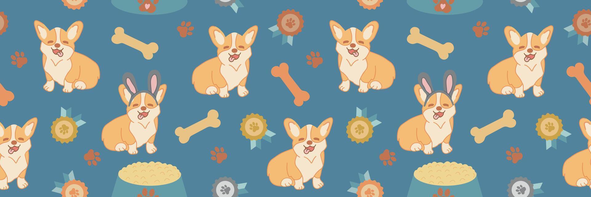 senza soluzione di continuità modello con cartone animato corgi cane modello e medaglie. vettore illustrazione su un' blu sfondo.