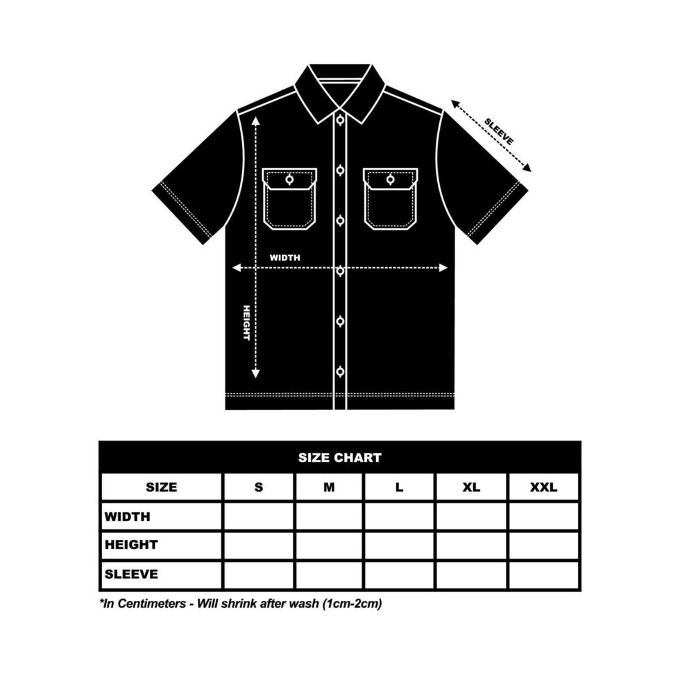 Uomini corto maniche militare camicia dimensione grafico. camicia da lavoro nero. corto manica opera camicia. tecnico disegno moda piatto schizzo vettore illustrazione