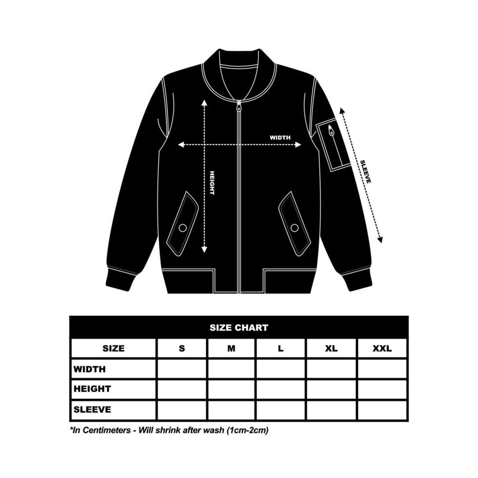 bombardiere giacca dimensione grafico, mano disegnato giacca schema illustrazione, casuale vestiario. vettore tecnico schizzo. modello modello.