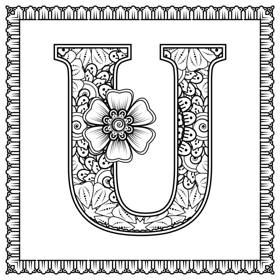 lettera u fatta di fiori in stile mehndi. pagina del libro da colorare. delineare l'illustrazione vettoriale di disegnare a mano.