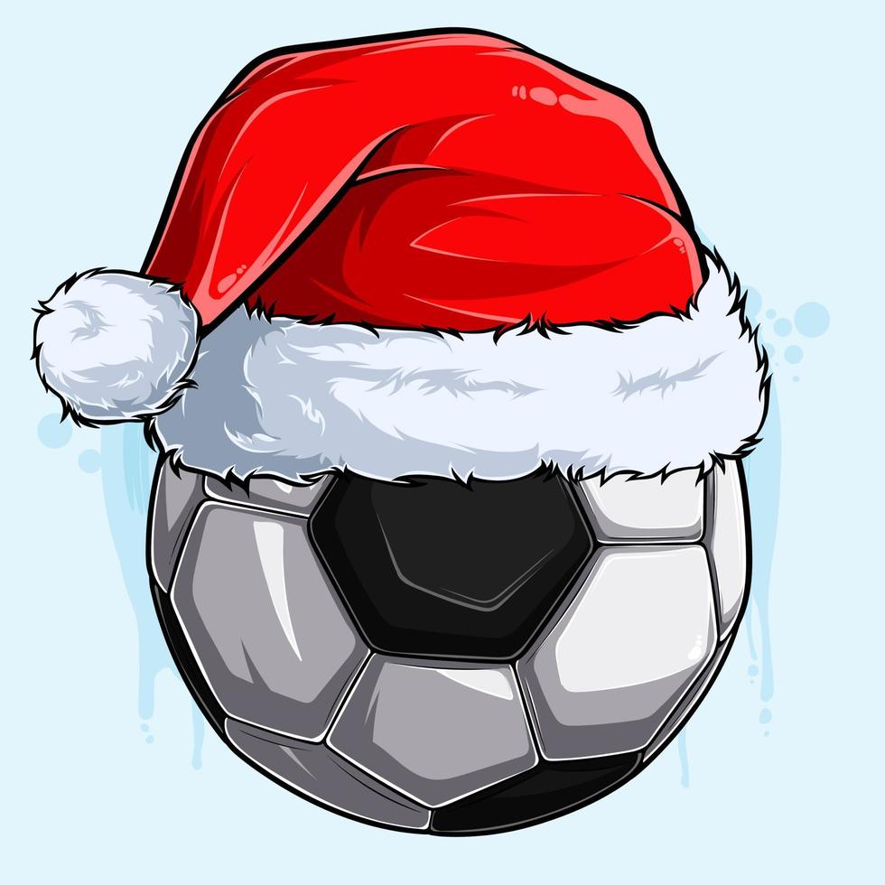divertente pallone da calcio natalizio con cappello di babbo natale, pallone sportivo natalizio vettore