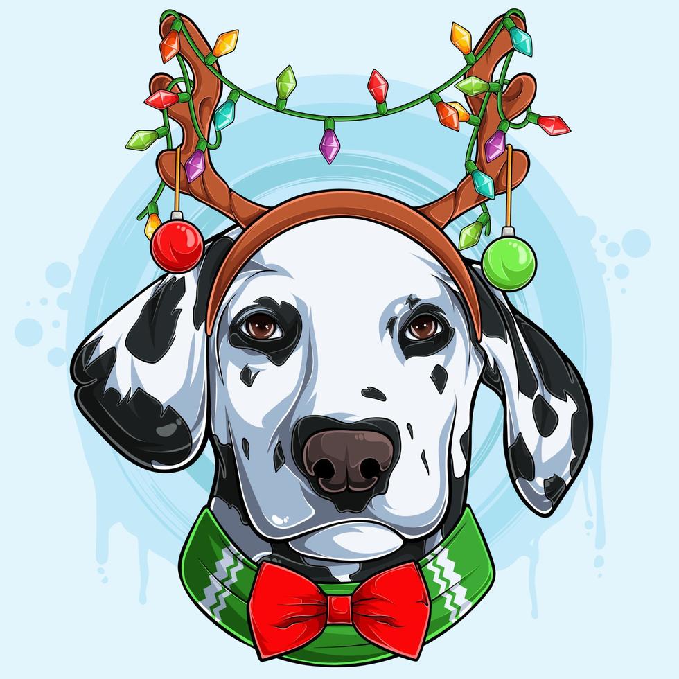 divertente testa di cane dalmata di natale che indossa corna di renna con luci, cane dalmata di natale vettore