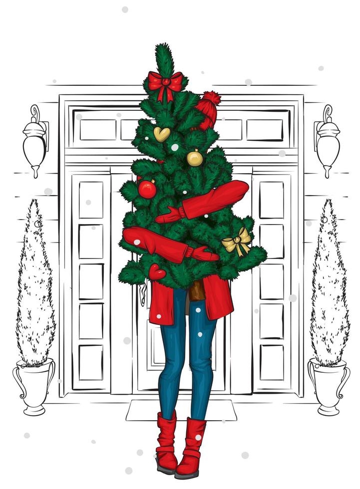 bella ragazza in abiti eleganti e un albero di natale. capodanno e natale, moda e stile. vettore