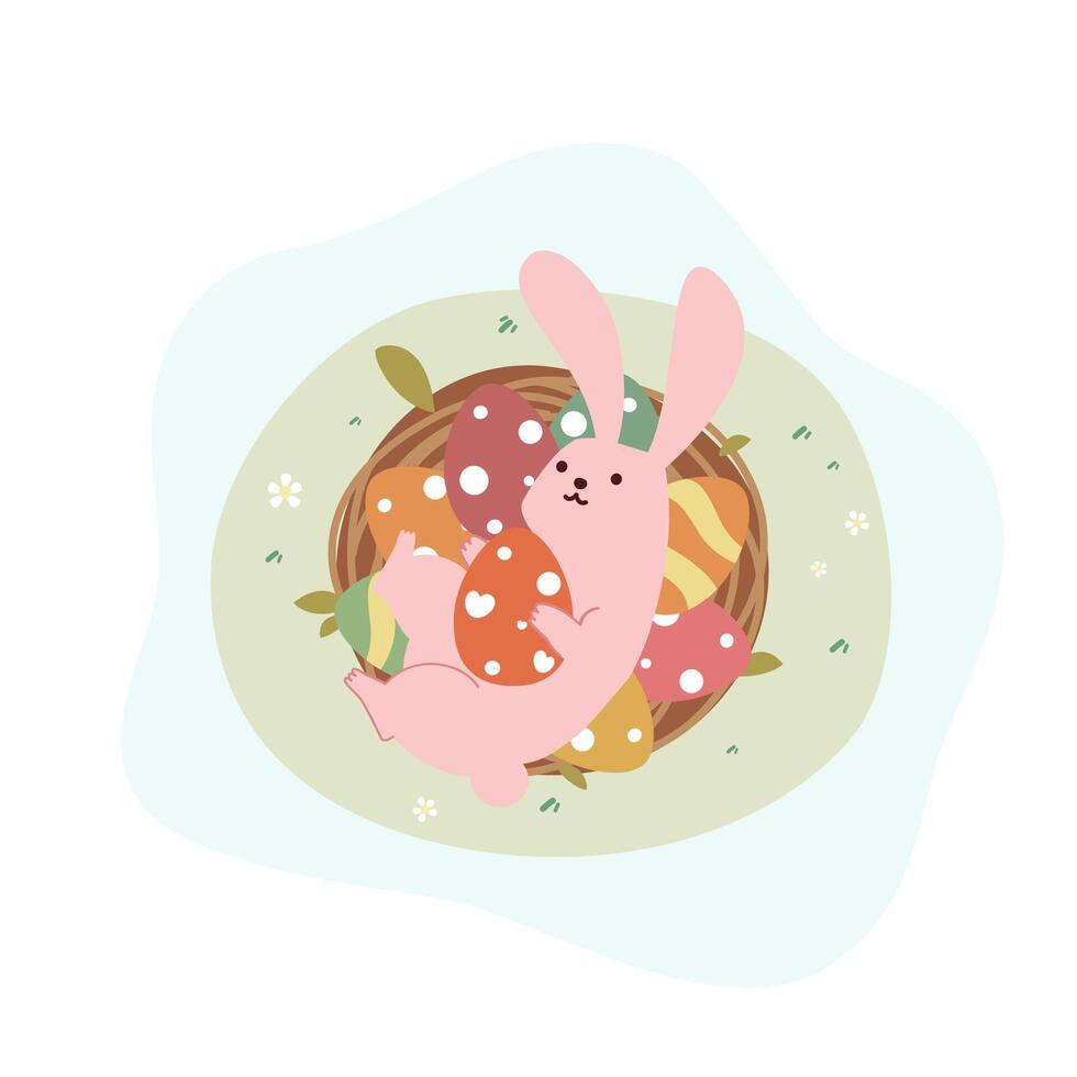carino rosa buuny hold un Pasqua uovo e in esecuzione su il prateria piatto vettore illustrazione isolato su bianca sfondo. contento Pasqua. carino pastello animale carattere.