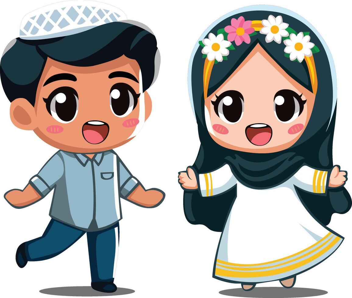 carino musulmano ragazzo e ragazza indossare tradizionale Abiti vettore illustrazione