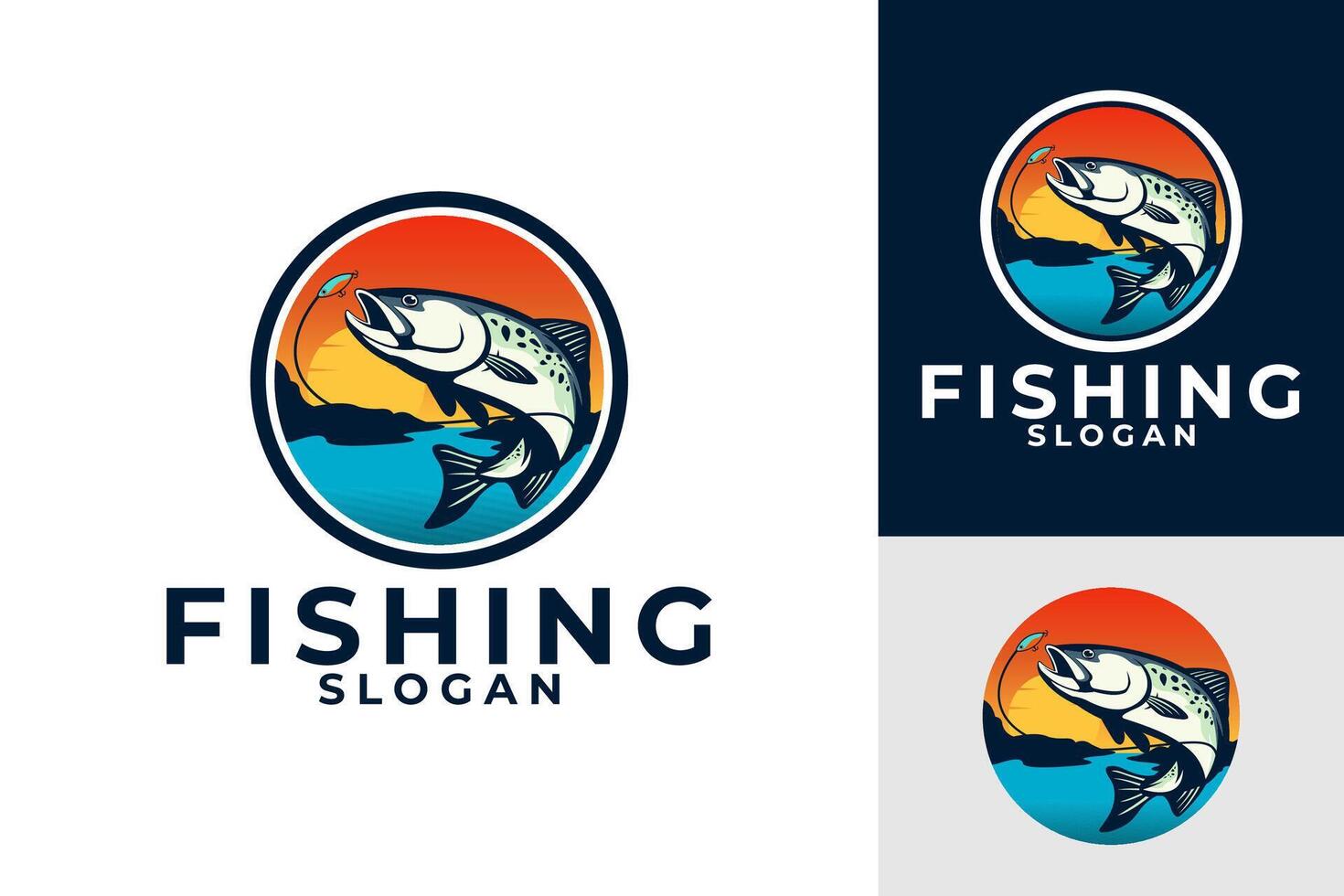 salmone pesca asta fiume mare logo design vettore