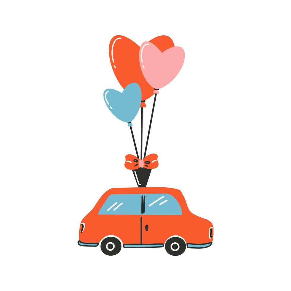 il giallo auto quello trasporta il palloncini siamo legato con un' arco. simbolo di amore, romanza. design per San Valentino giorno. vettore
