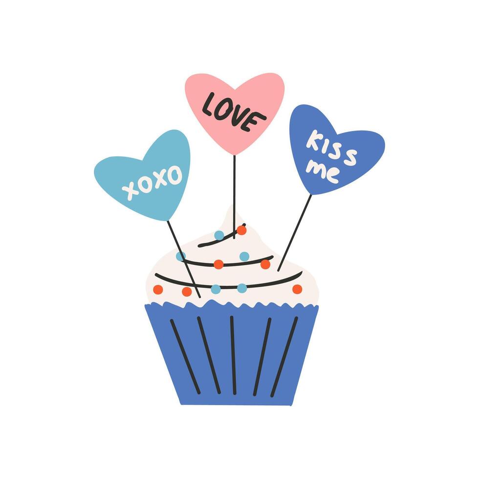 Cupcake con un' cuore e il testo bacio me, amore. simbolo di amore, romanza. design per San Valentino giorno. vettore