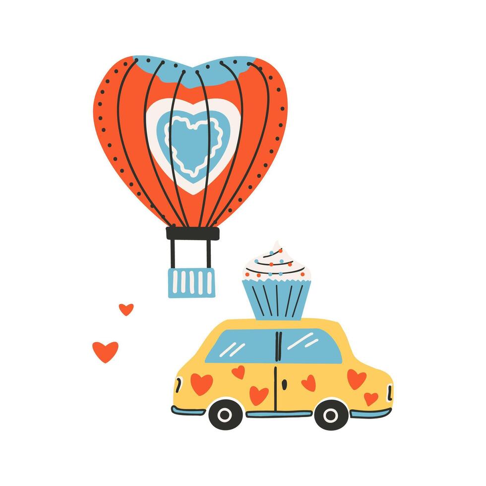 impostato di elementi per st. San Valentino giorno, giallo auto quello trasporta il Cupcake e strato di aria nel il forma di un' cuore. simbolo di amore, romanza. vettore