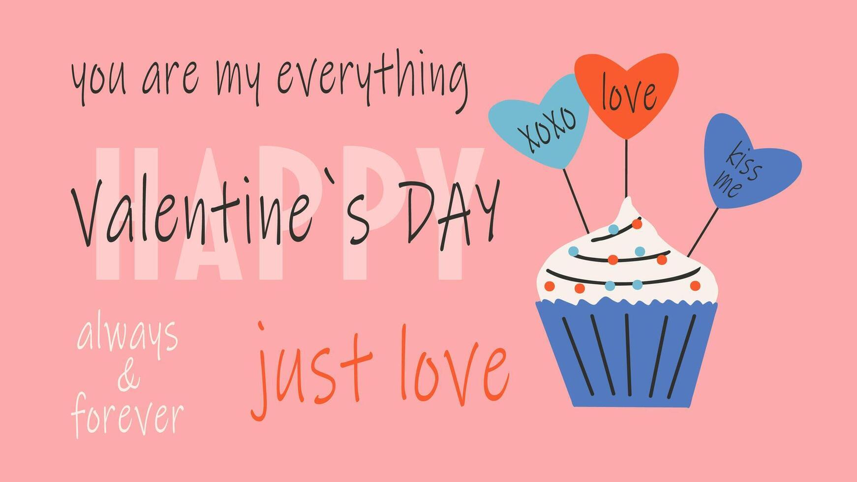 bandiera per santo San Valentino giorno, 14 febbraio. mano disegnato carte con cupcake, cuore, testo. vettore