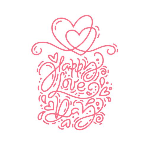 Frase di amore di vettore rosso monoline calligrafia Happy Love Day. Lettering disegnato a mano di San Valentino. Doodle di schizzo di cuore vacanza Disegno cartolina di San Valentino. amo l&#39;arredamento per il web, il matrimonio e la stampa. Illustraz