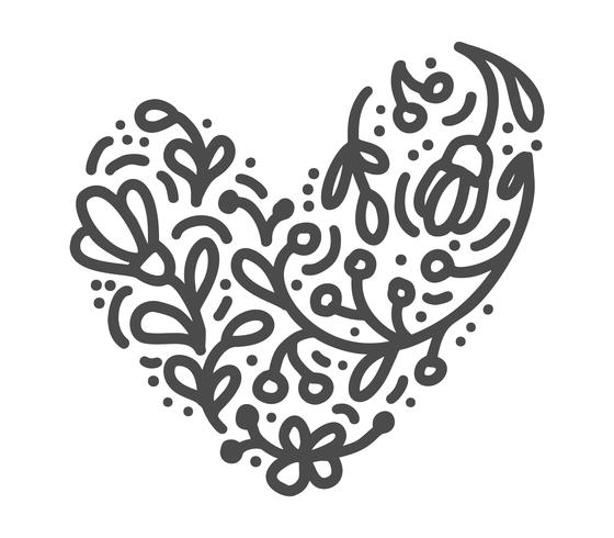 Il cuore scandinavo disegnato a mano di giorno di Velentines con l&#39;ornamento fiorisce la siluetta dell&#39;icona. Vettore semplice contorno simbolo di San Valentino. Elemento di design isolato per web, matrimonio e stampa