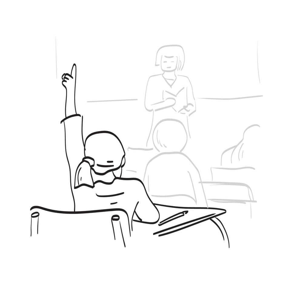 line art girl alzando la mano nella classe della scuola elementare illustrazione vettore isolato su sfondo bianco