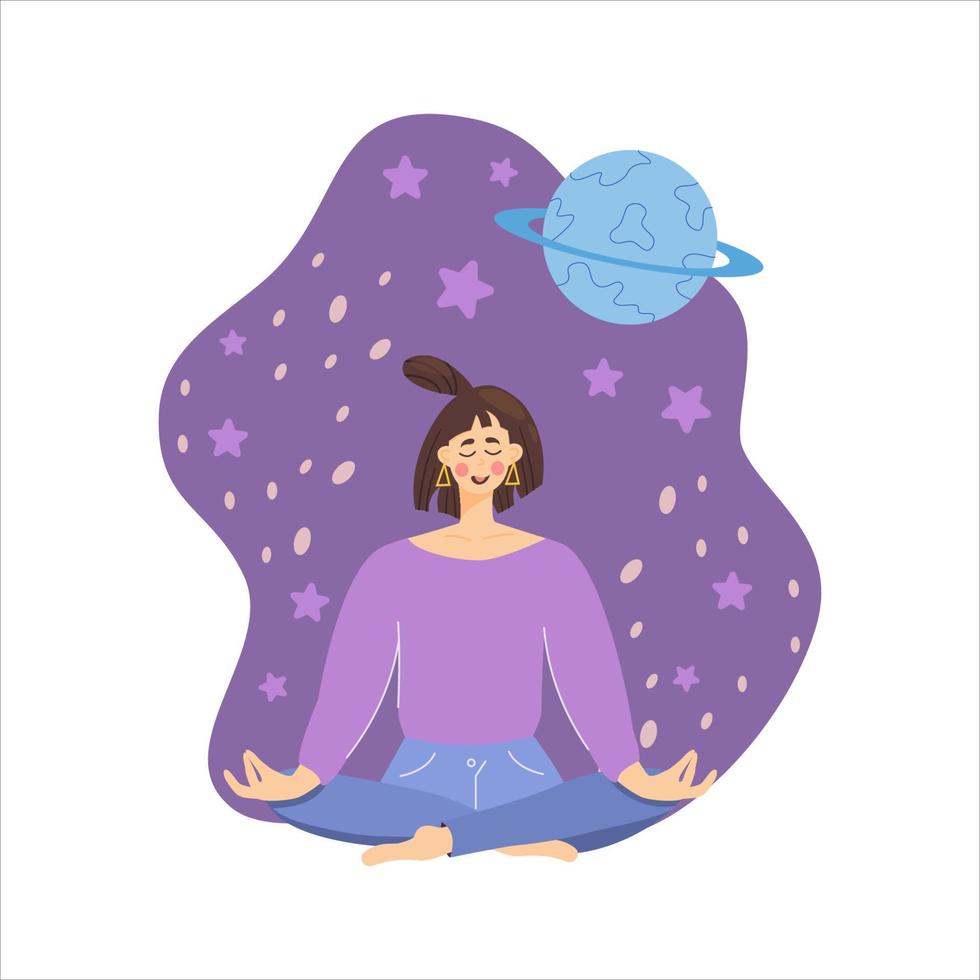 concetto meditando ragazza sullo sfondo dello spazio, pianeta, la donna si rilassa, calma la posizione del loto. benessere e sentirsi bene durante la meditazione. illustrazione vettoriale in uno stile piatto